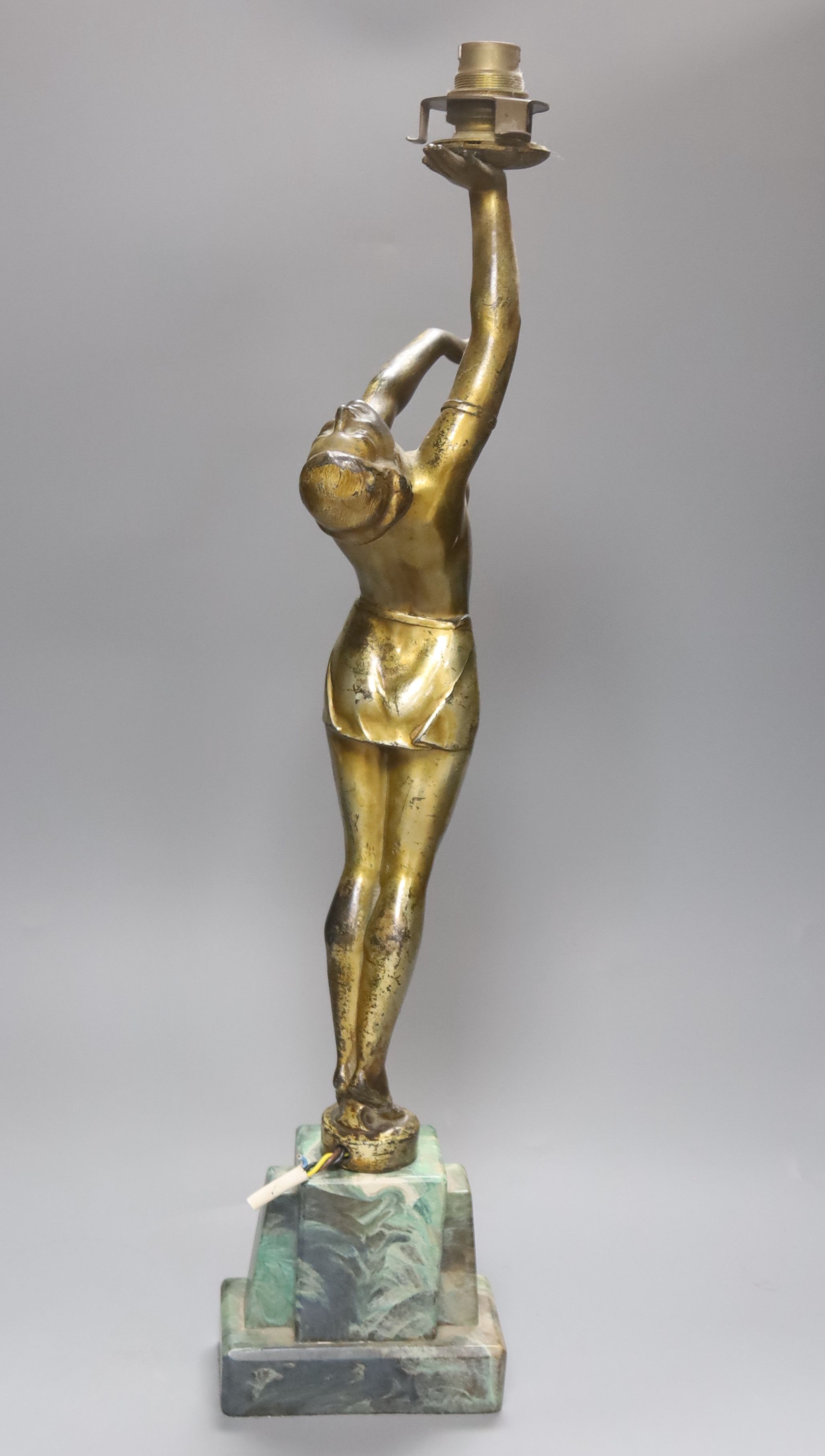 An Art Deco spelter figural table lamp, overall height 56cm